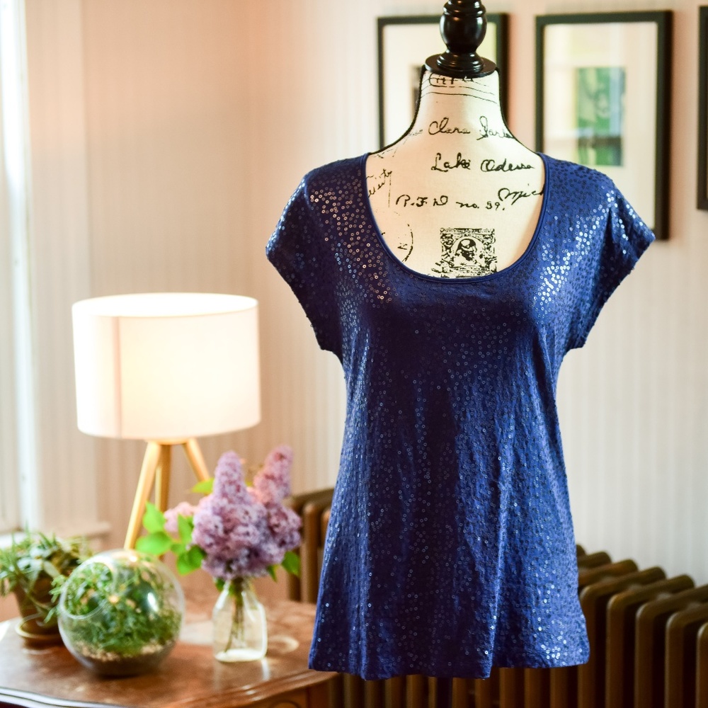 EUC Navy Blue Sequin Top